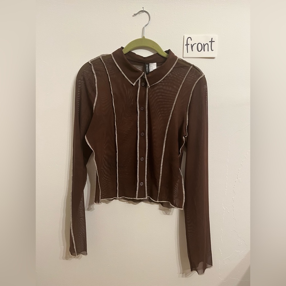 Brown mesh long sleeve crop top